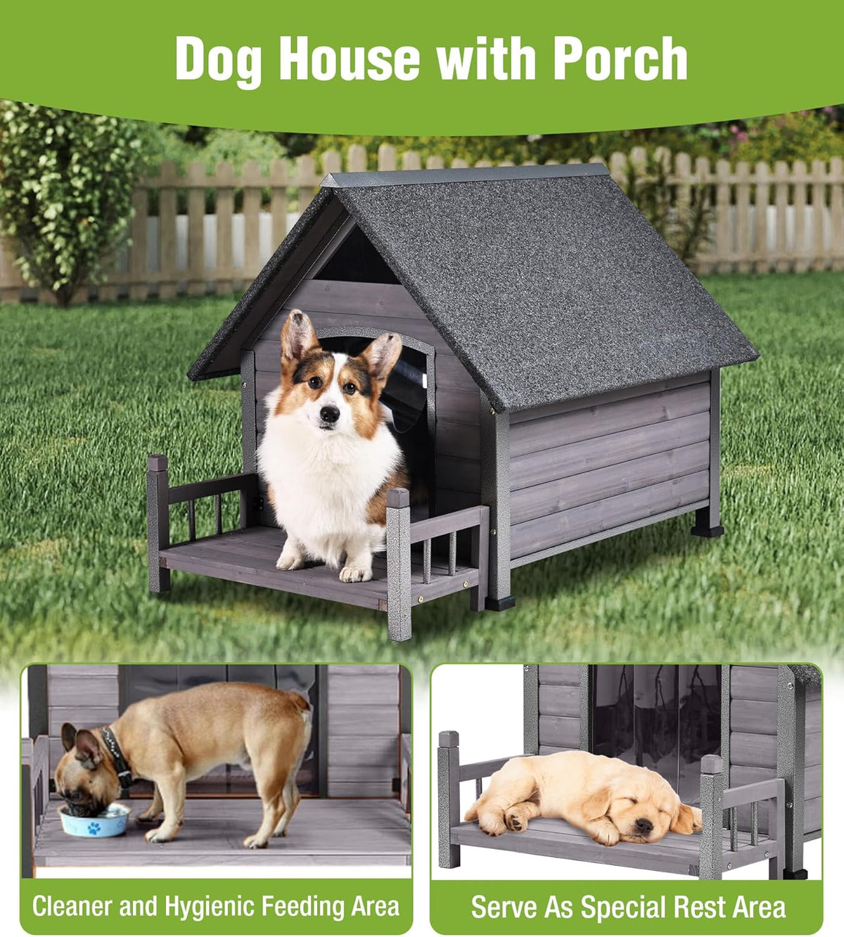 GUTINNEEN Dog House Outdoor Weatherproof with Porch, Puppy Shelter Indoor with Anti-Bite Design