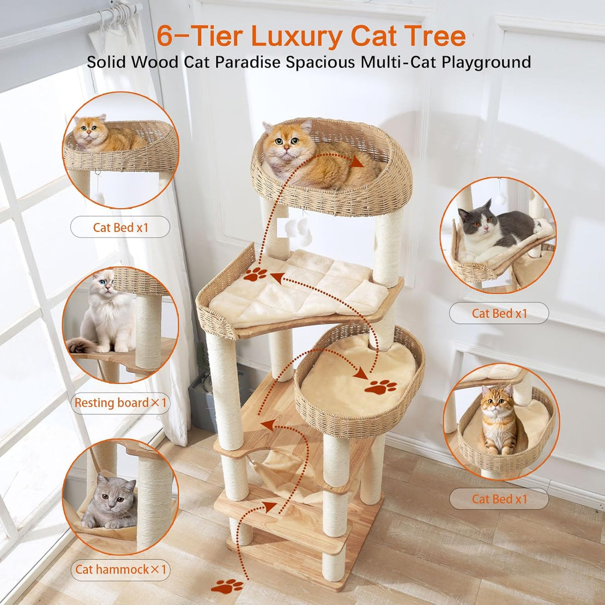 Wooden Cat Tree for Indoor Cats, 62-Inch Tall Cat Tower with Scratching Post for Large Cats, Solid