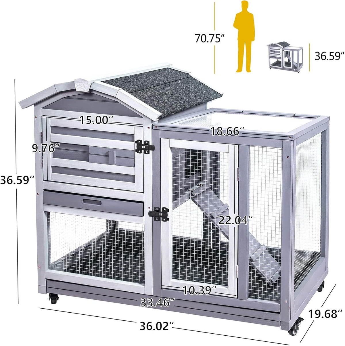 GEGURI Rabbit Hutch Indoor Rabbit Cage Outdoor, Wooden Bunny Cages for Guinea Pig with Wheels