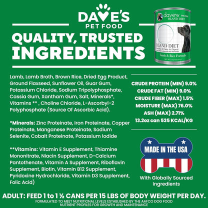 Dave's Pet Food Bland Dog Food (Lamb & Rice), Canned Wet Dog Food for Sensitive Stomachs