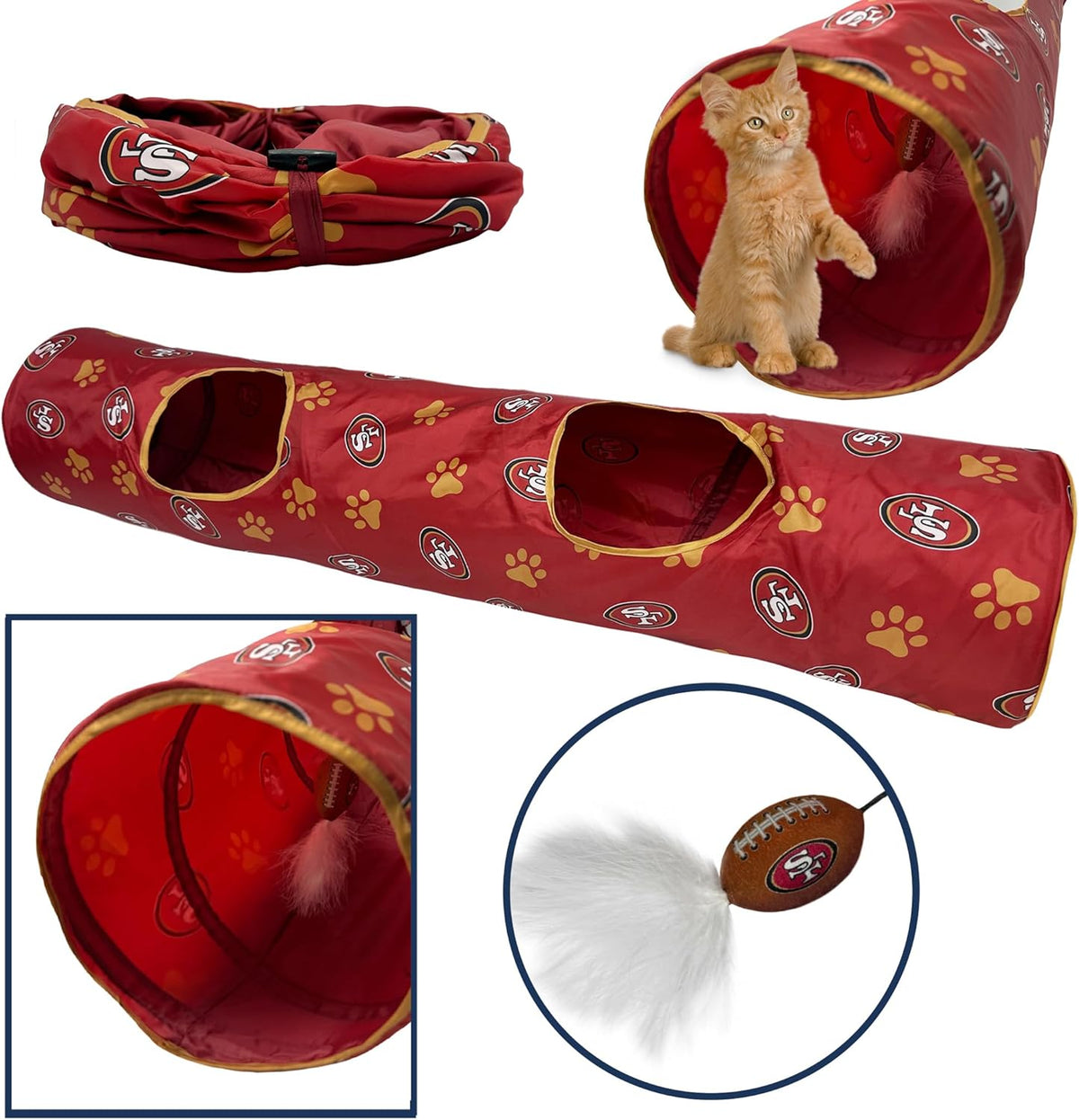 NFL San Francisco 49ers Cat Tunnel Tube Toy with Plush Football Catnip and Feathers Collapsible