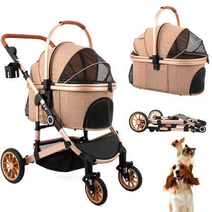 Pet Stroller with 4 Wheels, Foldable Pet Travel Carrier for Small/Medium Dogs Cats up to 50lbs