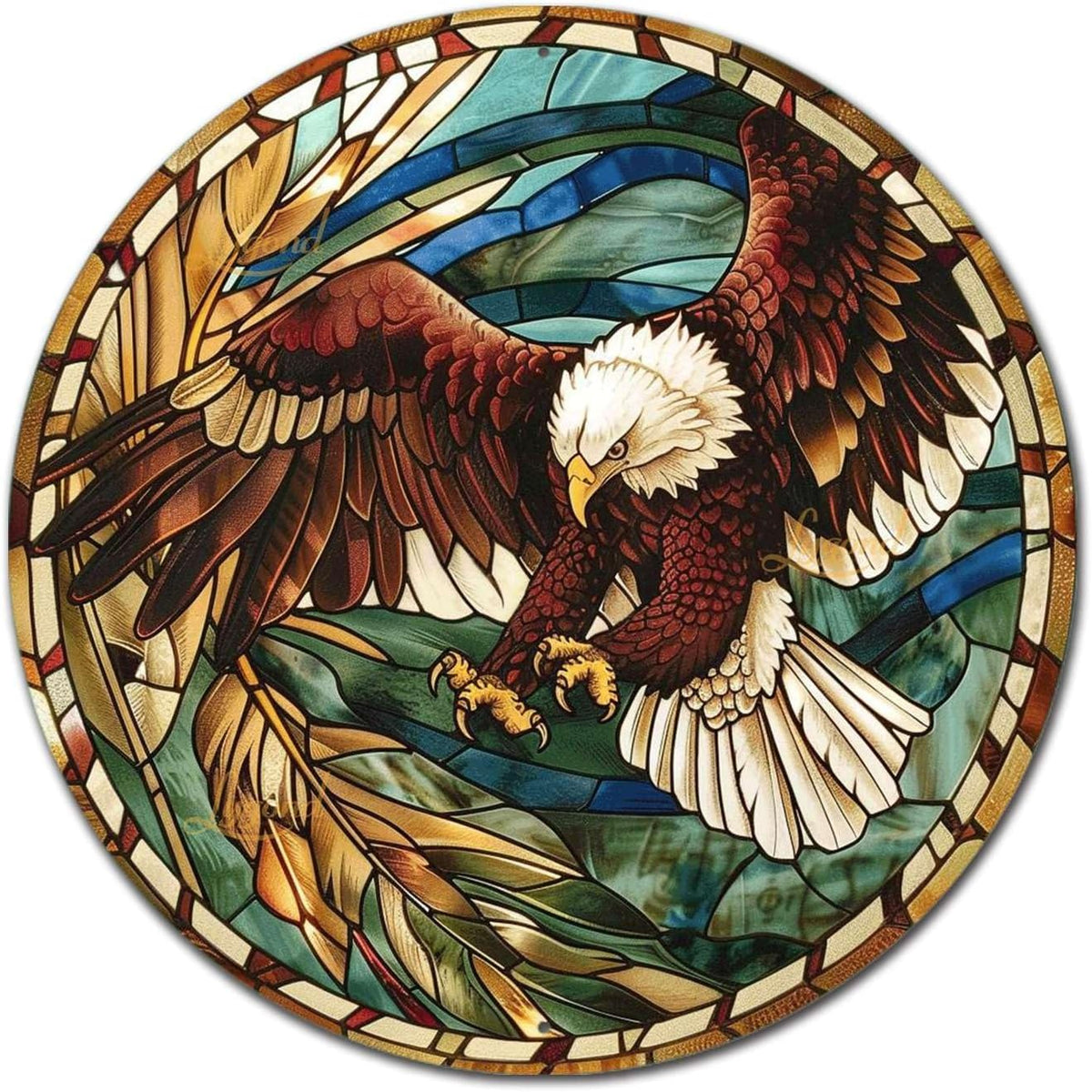 Lygond Metal Sign Tin Sign Circular Stained Glass Eagle Inspirational Wall Art for Garden 12×12