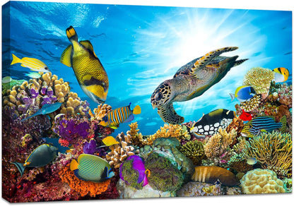 Large Wall Decor Colorful Sea Underwater World Coral Sea Turtle and Tropical Fish Painting Gallery