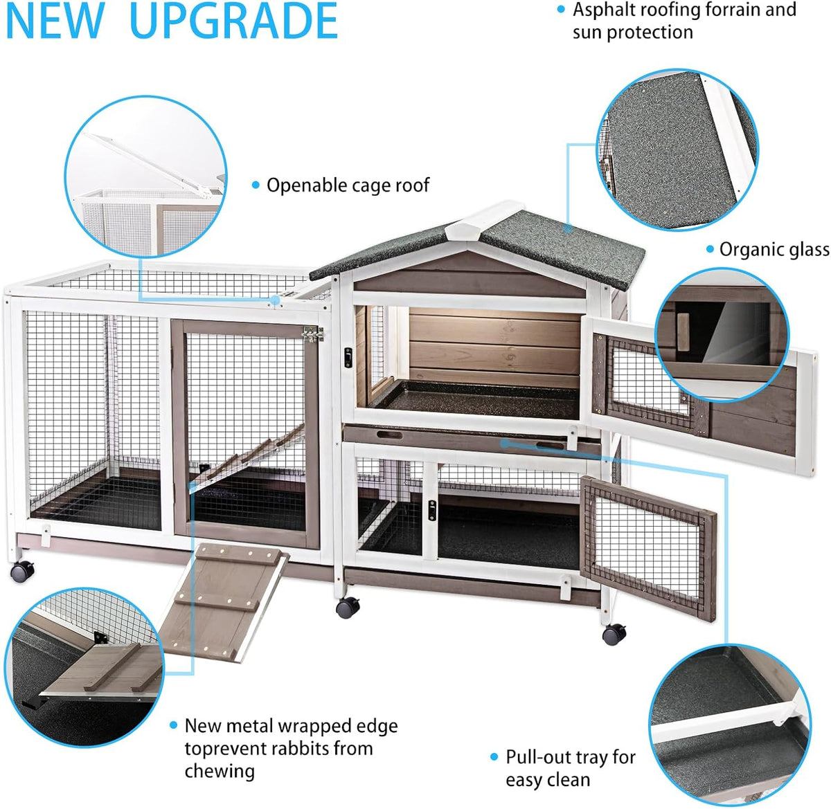 Rabbit Hutch Indoor Outdoor Two Story Bunny Hutch with Wheels Guinea Pig Cage with Removable No