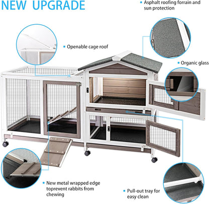 Rabbit Hutch Indoor Outdoor Two Story Bunny Hutch with Wheels Guinea Pig Cage with Removable No