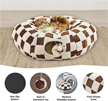 Cat Tunnel Bed with Washable Cushion for Indoor Cat, Donut Cave Tube Toys for Kitten Puppy Rabbit