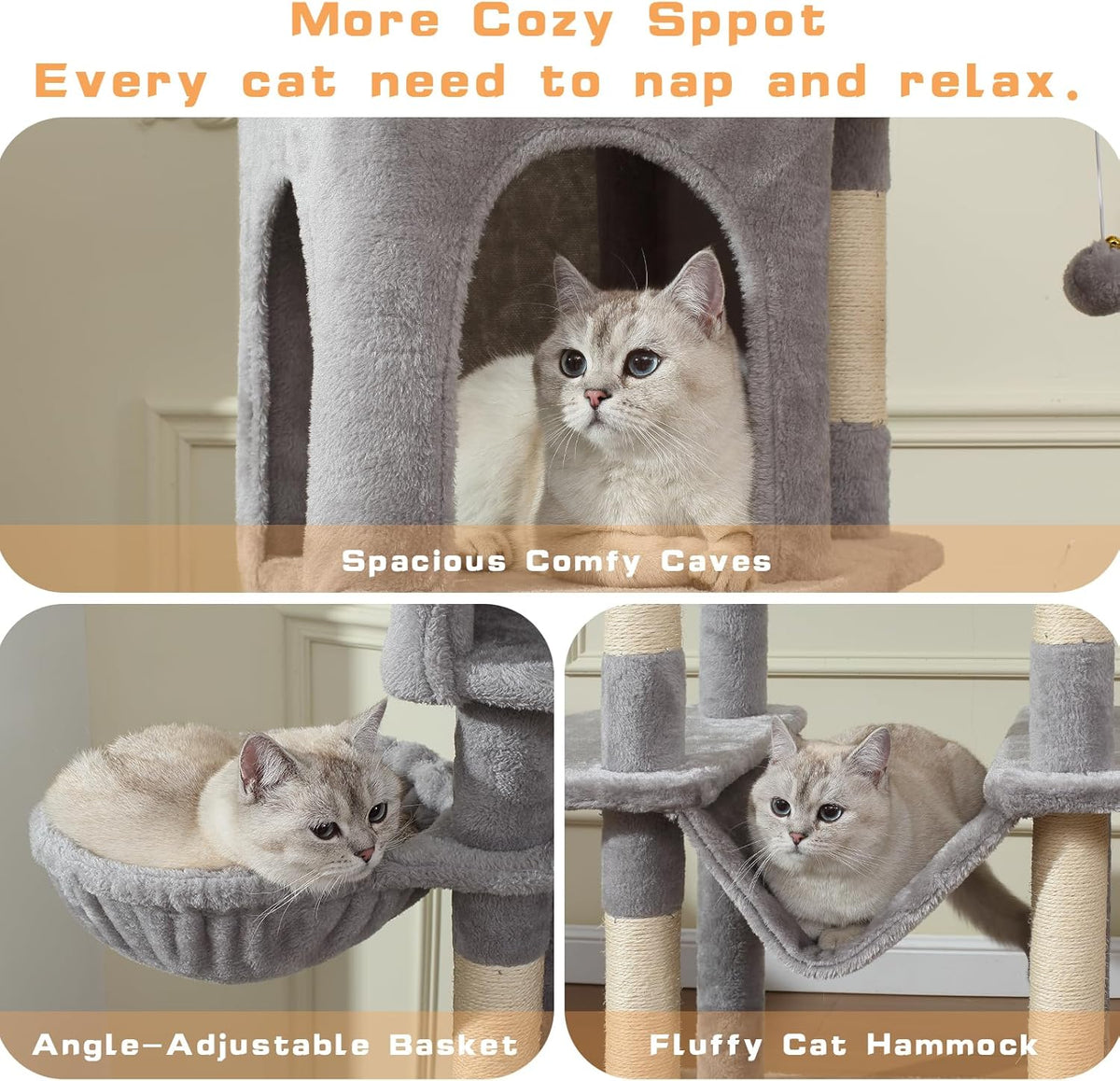 70-Inch Cat Tree,Large Cat Tree Tower with Hammock, Scratching Post, Condo and Multi-Level Cat
