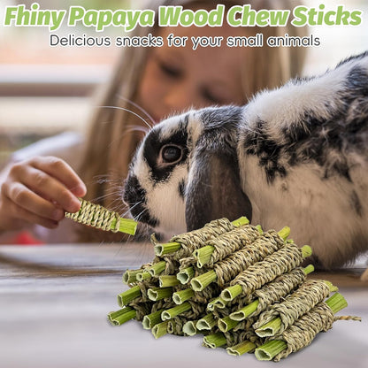 Fhiny 24 PCS Rabbit Chew Sticks, Natural Papaya Wood Seagrass Guinea Pig Chew Toys for Teeth Small
