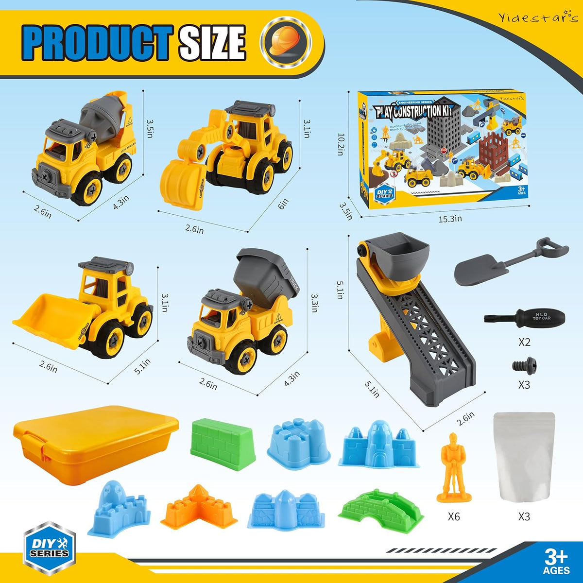 Construction Sandbox with Lid - 4 Vehicles with 1 Conveyor, 8 Castle Molds, 6 Figures & 3lbs