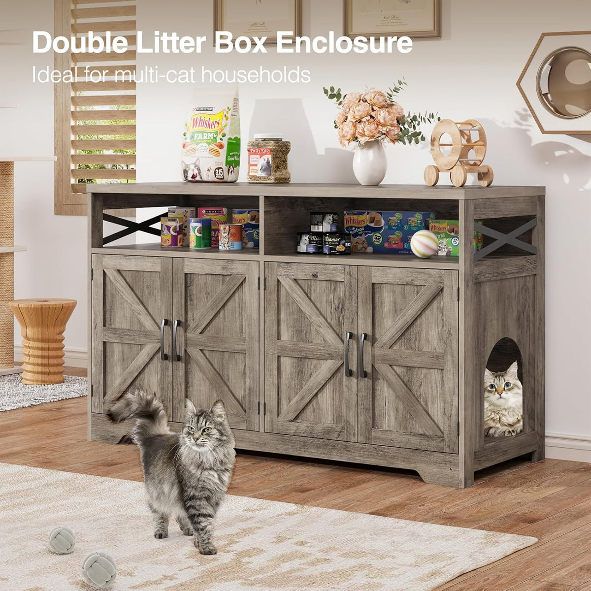 Cat Litter Box Enclosure for 2 Cats, 47" Hidden Litter Box Furniture Cat Washroom with Double Large