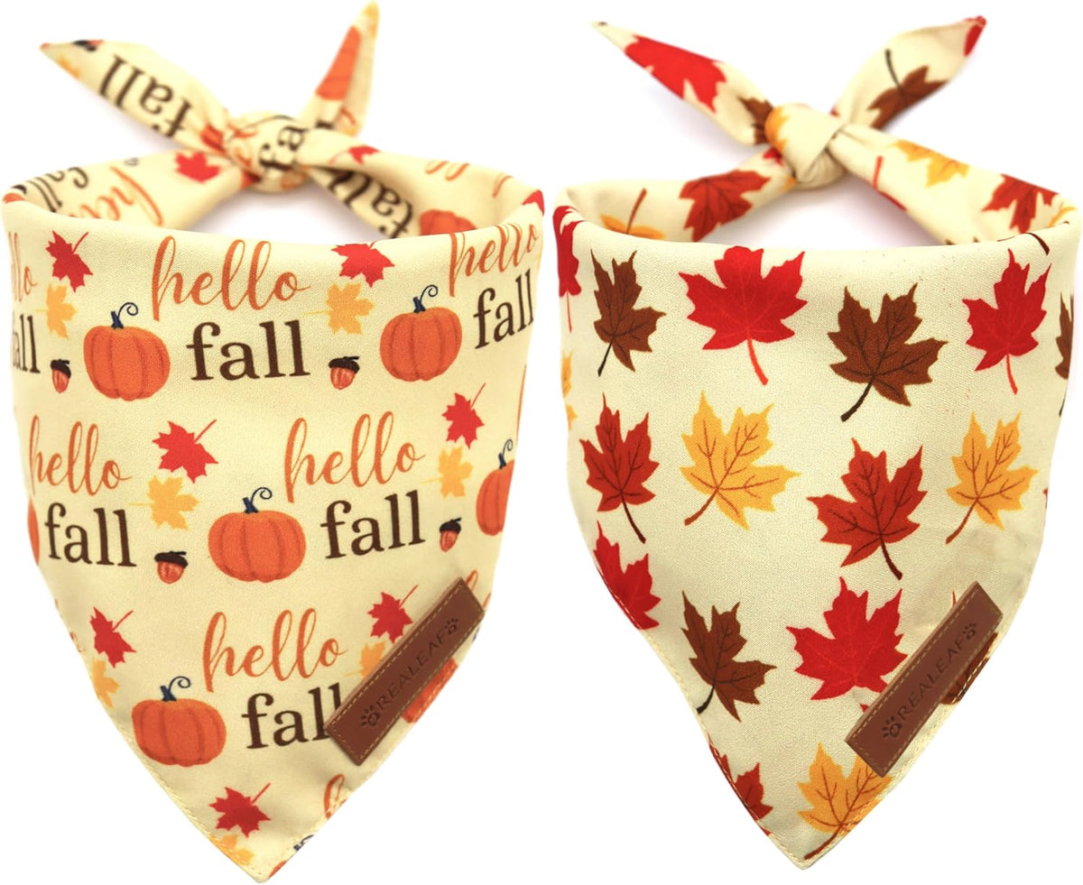 Realeaf Fall Dog Bandanas 2 Pack, Orange Pumpkin and Leaf Print Pet Scarf for Boy and Girl, Premium