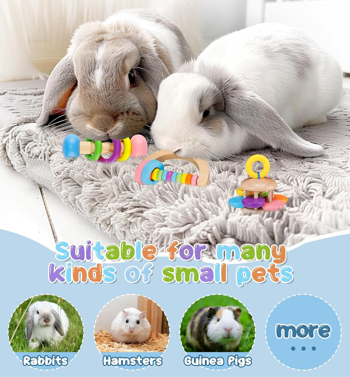 MEWTOGO 3 Pcs Wooden Bunny Toys - Safe Rabbit Toys, Bite-Resistant Guinea Pigs Toys for Chinchillas