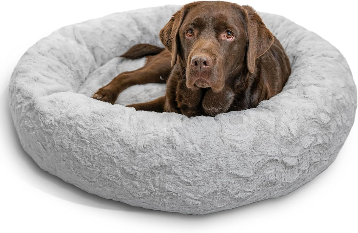 Best Friends by Sheri Original Calming Donut Dog and Cat Bed, Lux Faux Fur, Gray, (36in x 36in)