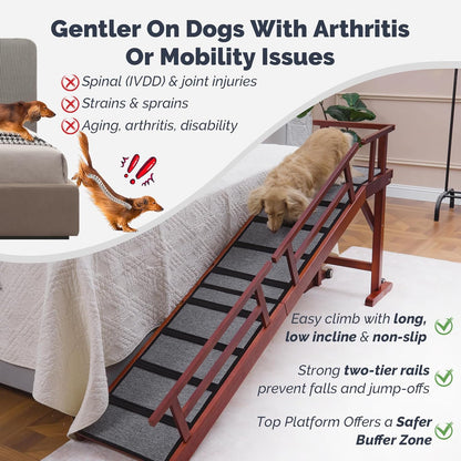 Dog Ramp for Bed or Couch, Wooden Pet Ramp with 20° Gentle Slope, Removable Side Rails, Non-Slip