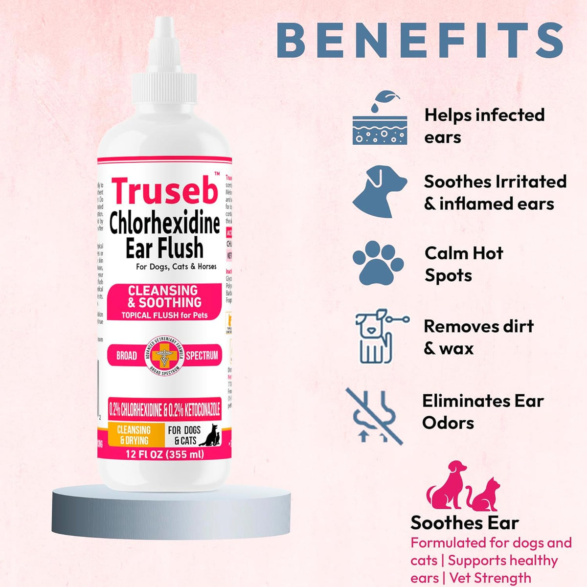 Truseb Advanced Topical Dog Ear Wash with Ketoconazole & Chlorhexidine Ear Flush Dog, Cats and