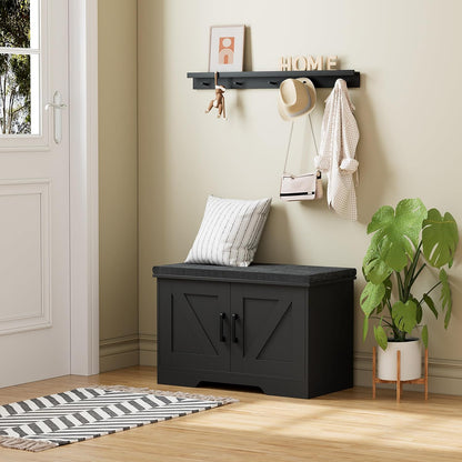 2-Tier Storage Bench, Shoe Bench with Padded Seat Cushion, Entryway Bench with 2 Barn Doors