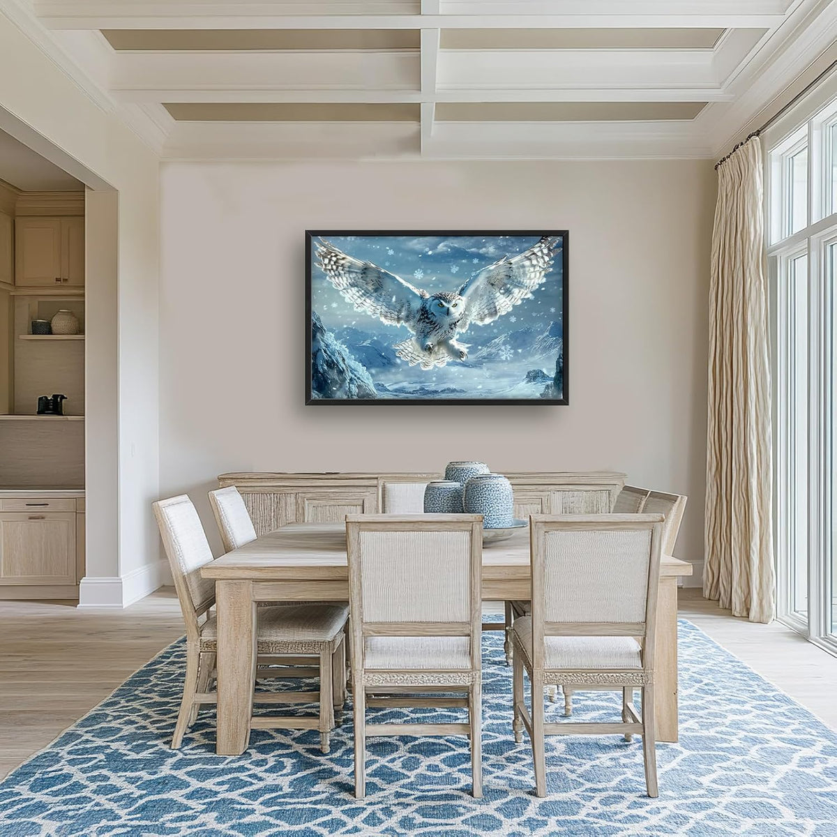 Framed Large Snowy Owl Wall Art for Living Room, Oversized Snowy Mountain Wall Decor Landscape