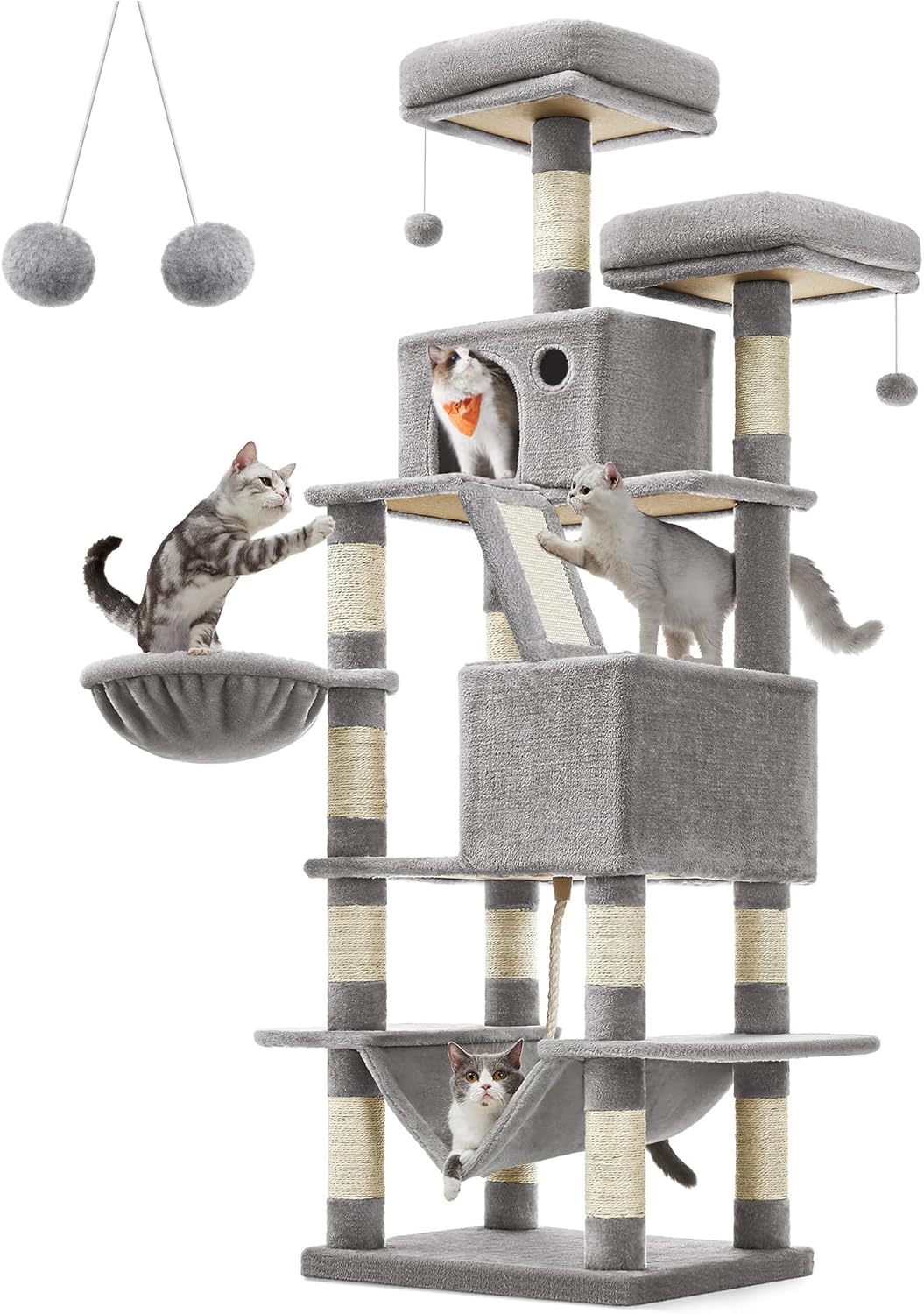 Feandrea Cat Tree, 66.1-Inch Large Cat Tower with 13 Scratching Posts, 2 Perches, 2 Caves, Basket