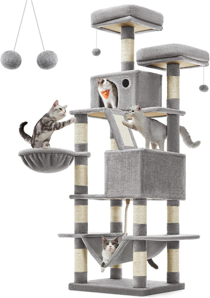 Feandrea Cat Tree, 66.1-Inch Large Cat Tower with 13 Scratching Posts, 2 Perches, 2 Caves, Basket