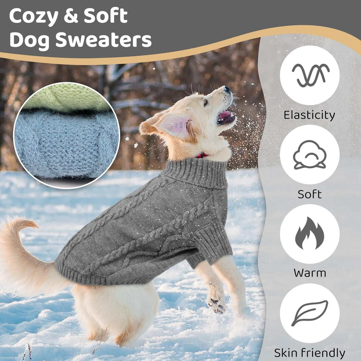 Queenmore Small Dog Pullover Sweater, Cold Weather Cable Knitwear, Classic Turtleneck Thick Warm