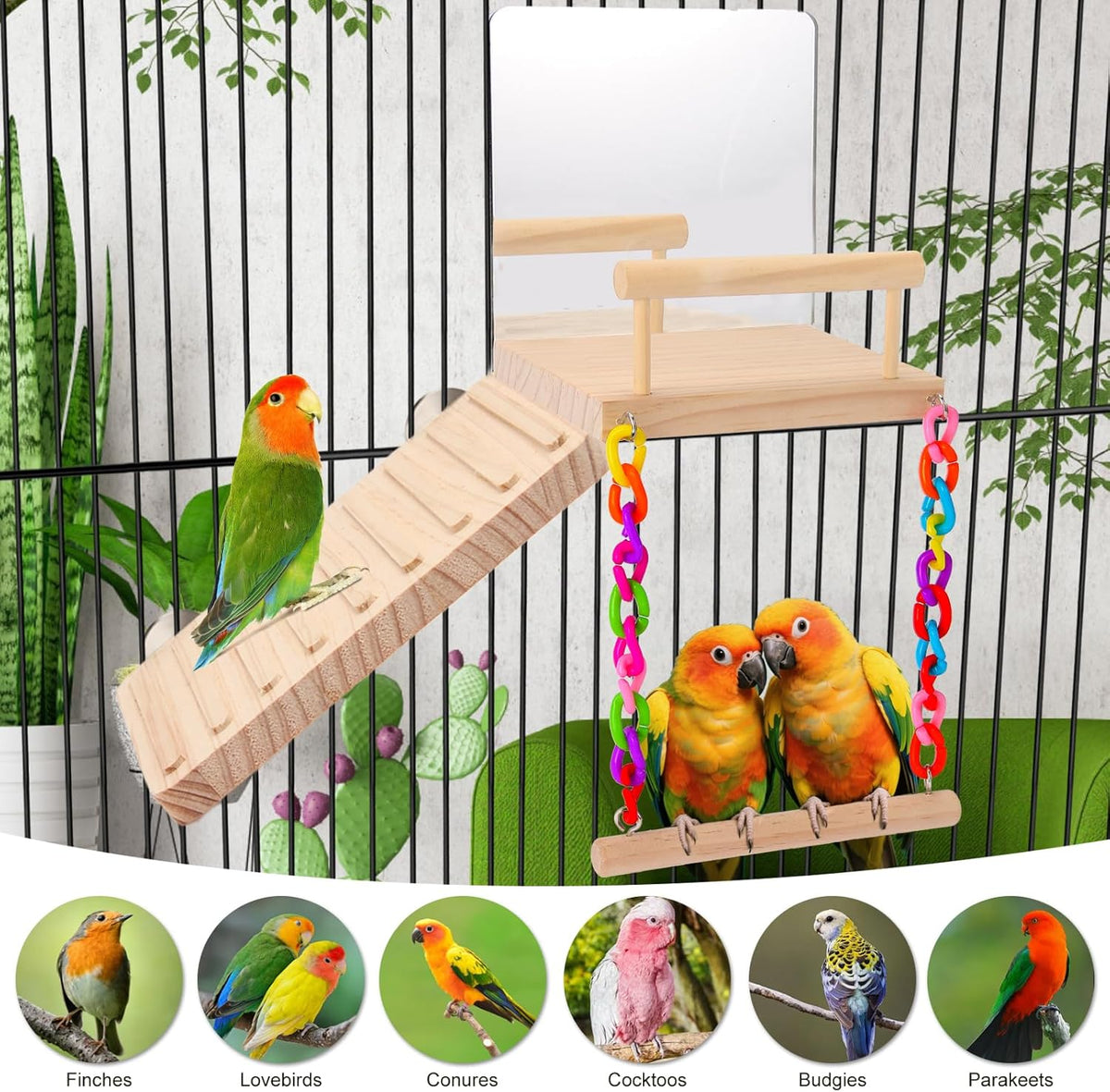 KyoukiBird Perch Platform Bird Toys with Bird Mirror Climbing Ladder Swing, Parakeet Cage