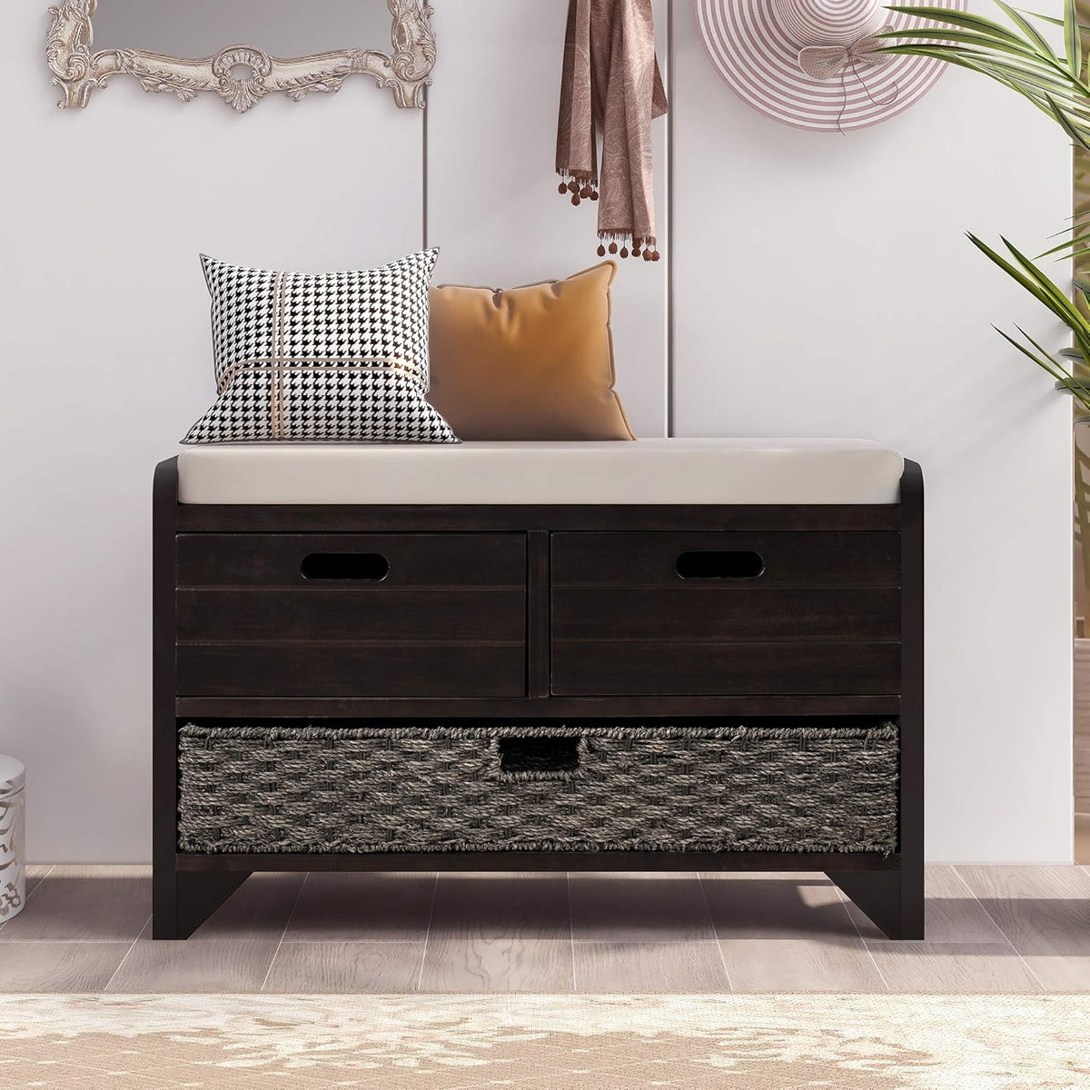 Storage Bench with Removable Basket 2 Drawers Fully Assembled Acacia Wood Shoe Bench Standing Shoe