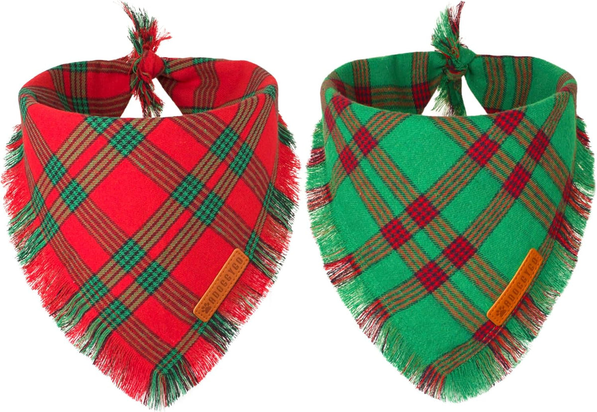 ADOGGYGO Christmas Dog Bandanas with Tassels, Red Green Plaid Pet Xmas Scarf Bib, Multiple Sizes