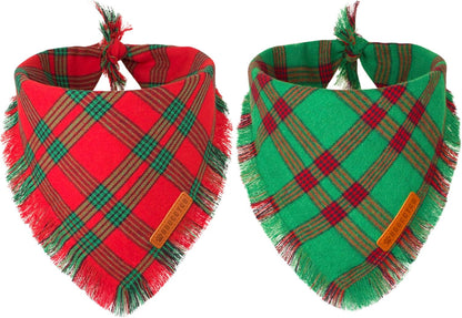 ADOGGYGO Christmas Dog Bandanas with Tassels, Red Green Plaid Pet Xmas Scarf Bib, Multiple Sizes