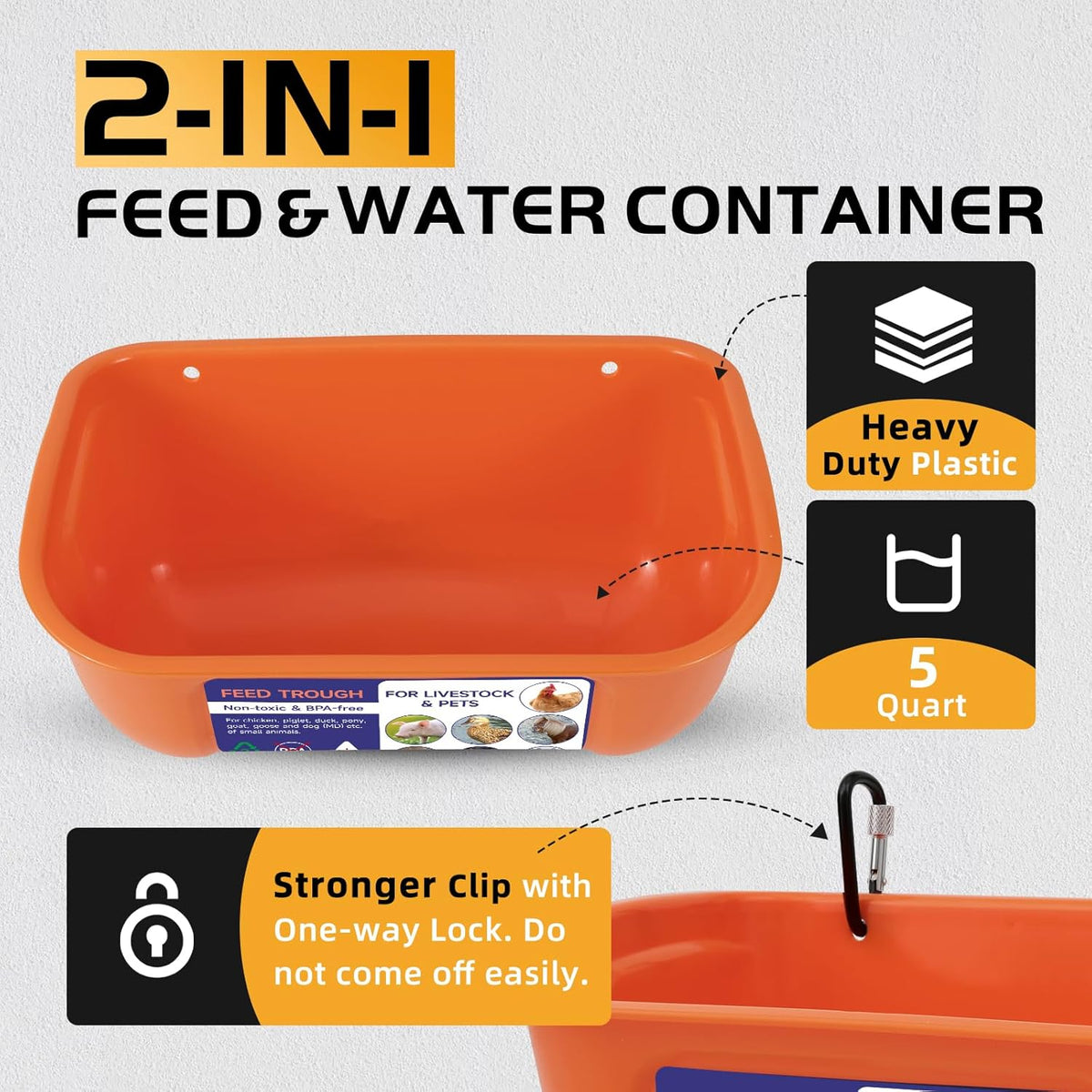 Goovilla Chicken Feeder Waterer, Hanging or Screw-in Fence Feeder with Clips, 2 Pack 5 Quart Goat
