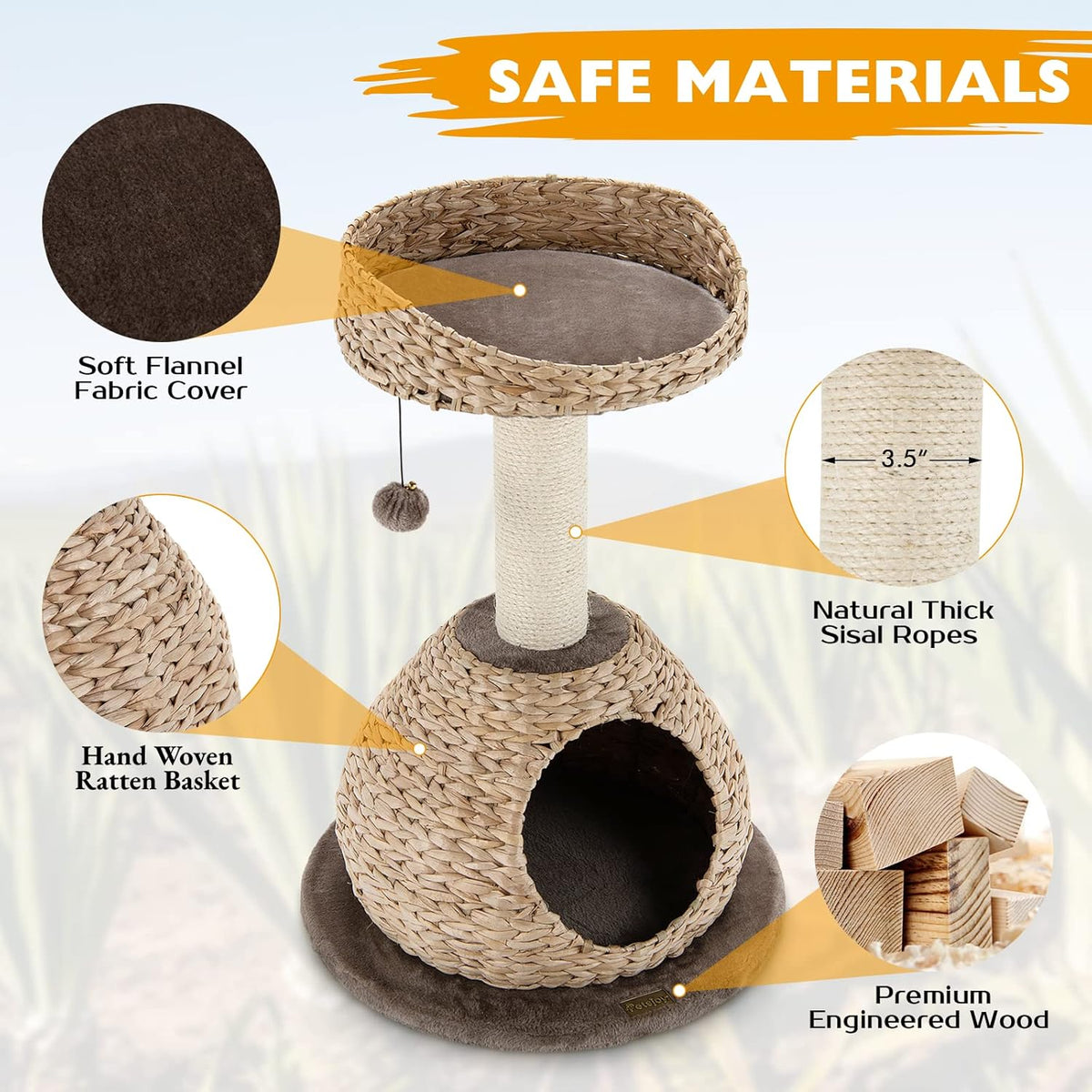 Tangkula Modern Cat Tree, Small Cat Tower with Natural Sisal Scratching Post, Hand-Made Wicker Cat