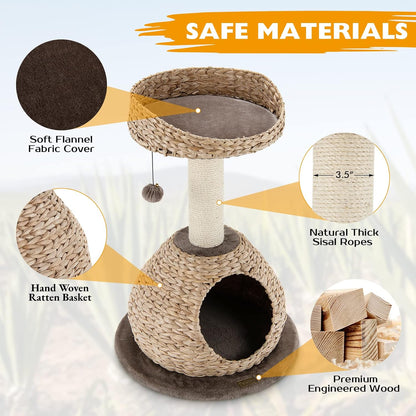 Tangkula Modern Cat Tree, Small Cat Tower with Natural Sisal Scratching Post, Hand-Made Wicker Cat