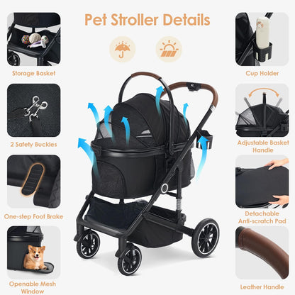 Pet Stroller with 4 Wheels, 3 IN 1 Folding Puppy Strollers for Small/Medium Dogs Cats up to 50lbs