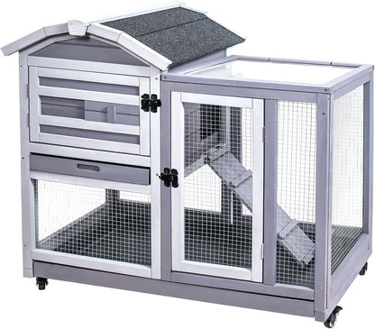 GEGURI Rabbit Hutch Indoor Rabbit Cage Outdoor, Wooden Bunny Cages for Guinea Pig with Wheels