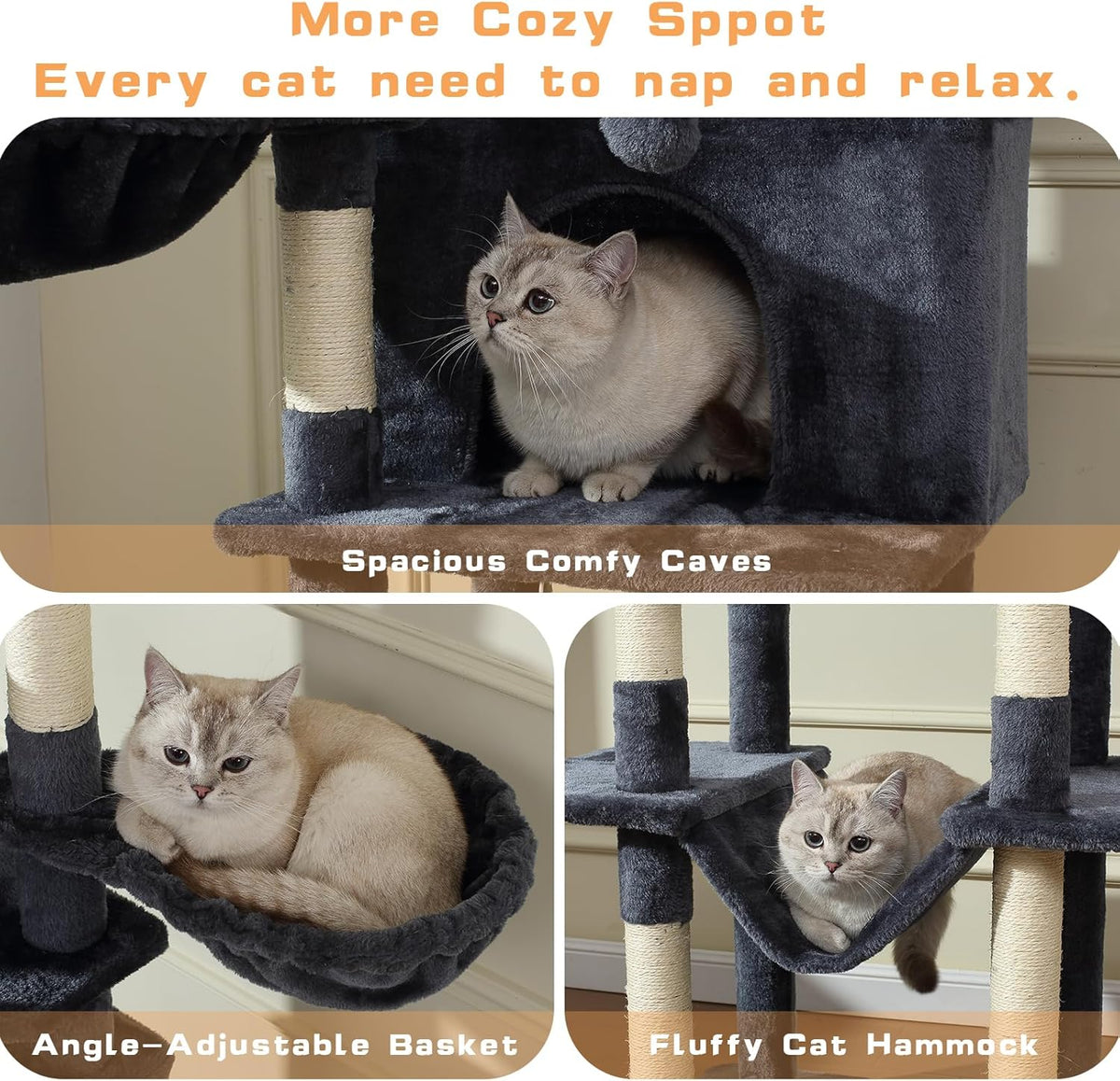 70-Inch Cat Tree,Large Cat Tree Tower with Hammock, Scratching Post, Condo and Multi-Level Cat