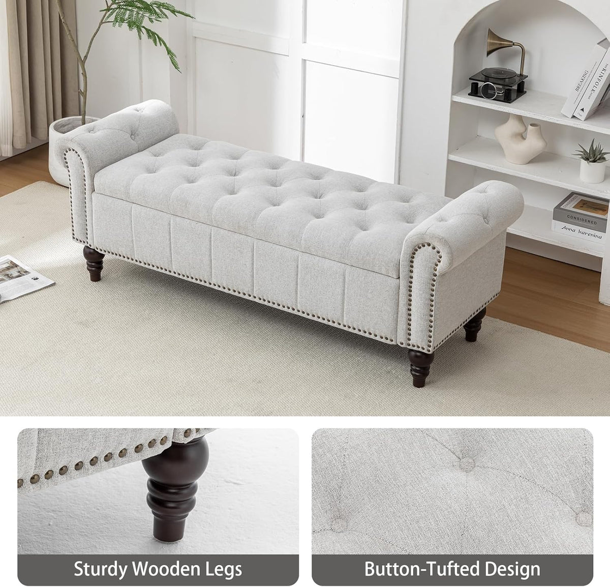 58’’ Storage Bench for Bedroom, Upholstered Button-Tufted Ottoman with Solid Wood Legs, Queen Size