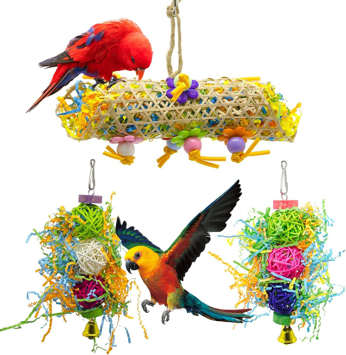 EBaokuup 3Pack Bird Chewing Toys Foraging Shredder Toy Parrot Cage Bird Loofah Hanging Toy for