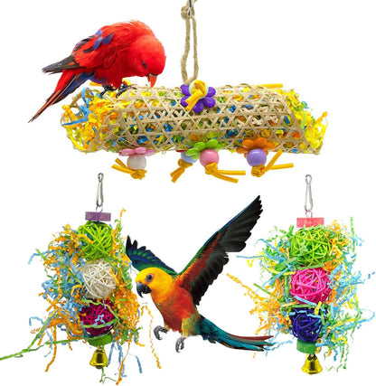 EBaokuup 3Pack Bird Chewing Toys Foraging Shredder Toy Parrot Cage Bird Loofah Hanging Toy for