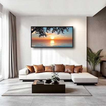 Framed Large Lake Sunset Wall Art, Oversized Natural Landscape Wall Decor for Living Room, Tree