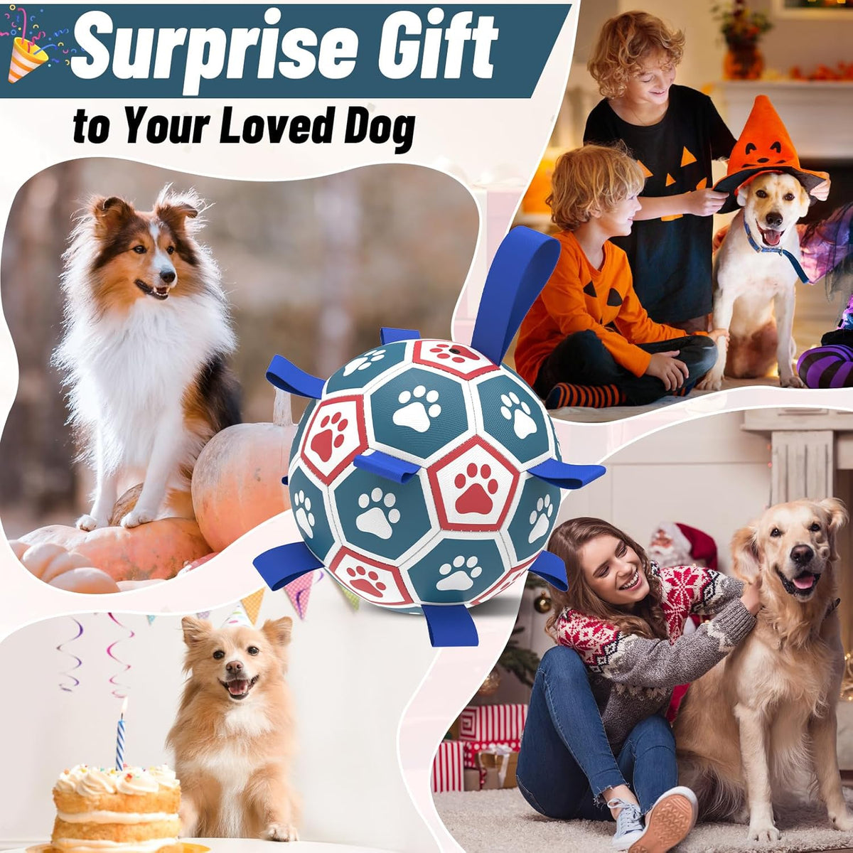 QDAN Dog Toys Soccer Ball with Straps, Herding Balls for Dogs, Interactive Toy for Tug of War