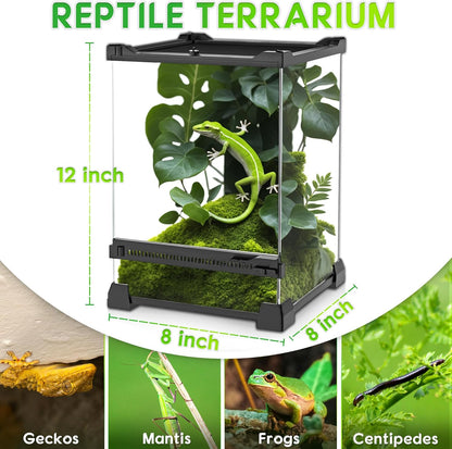 Mini Reptile Glass Terrarium 8"x8"x12" Durable Reptile Habitat Tank with Heat Resistant Aluminum