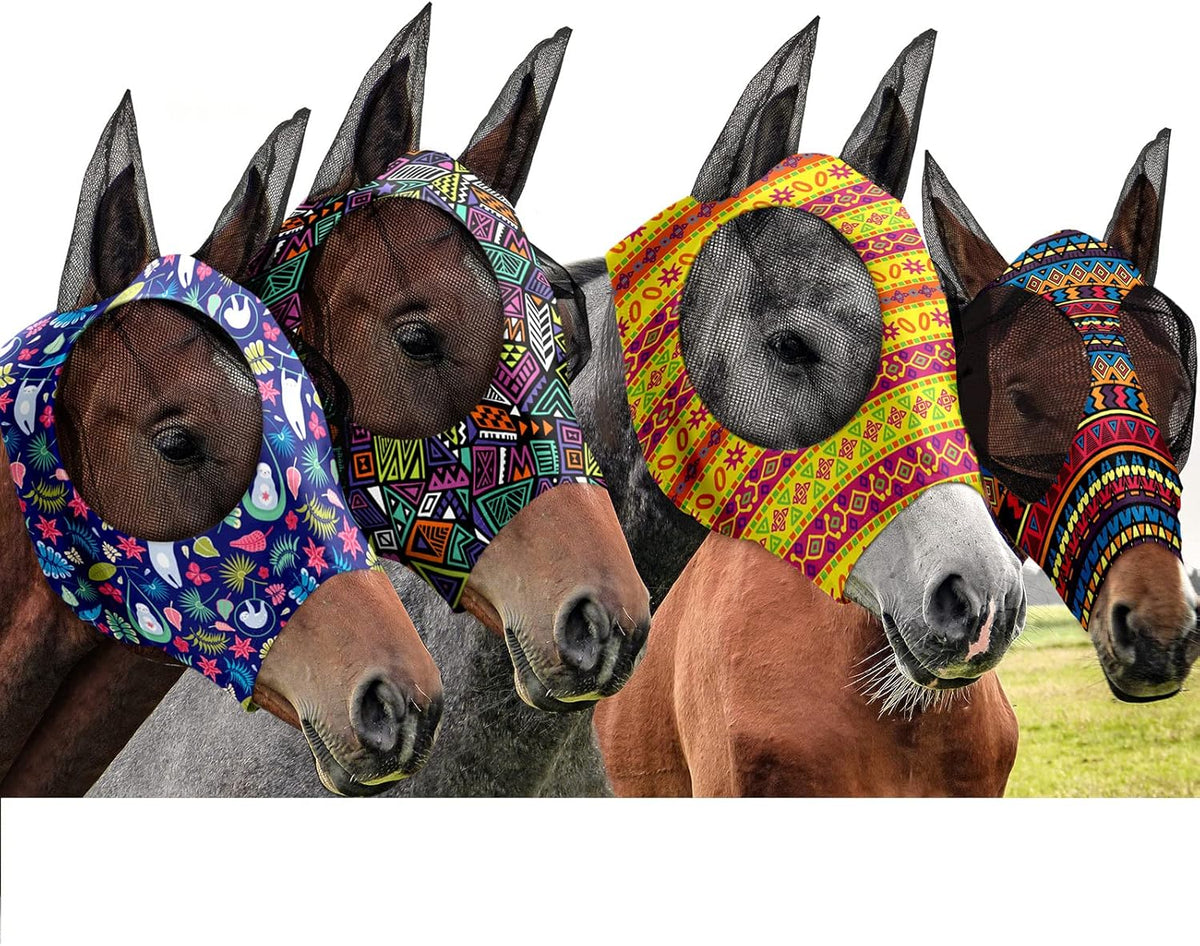 Frienda 4 Pieces Horse Fly Masks with Ears Face Covering UV Protection from Insect Pests Elasticity