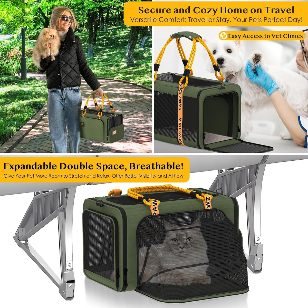 PAWZIDEA Expandable Pet Carrier w/ID Card, 18x11x11 in Small Dog Carrier TSA Airline Approved, Top