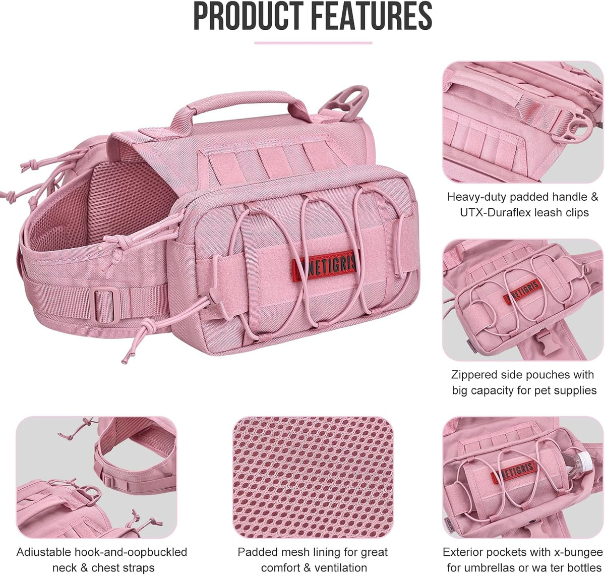 ONETIGRIS Dog Backpack for Medium & Large Dogs, Nylon Backpack for Dogs Tactical Pet Backpack with
