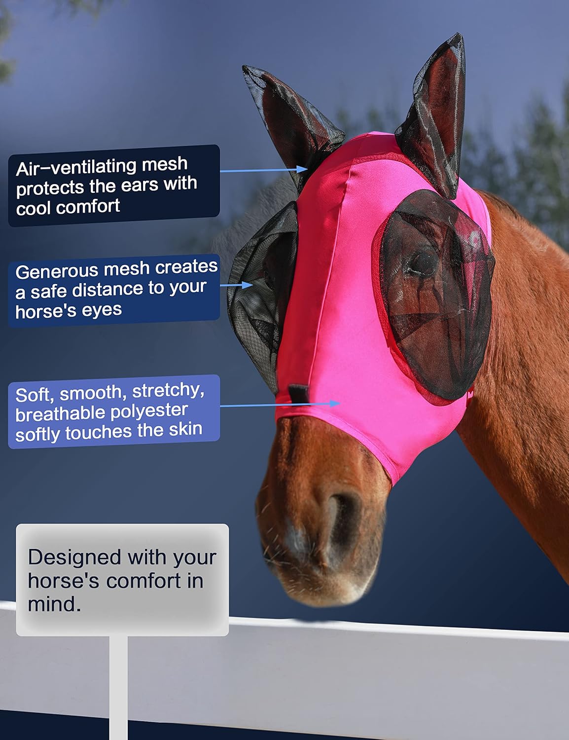 Horse Fly Mask with Ears, UV Protection Mask for Horses, Elasticity Mask with Big Mesh Eye Covers