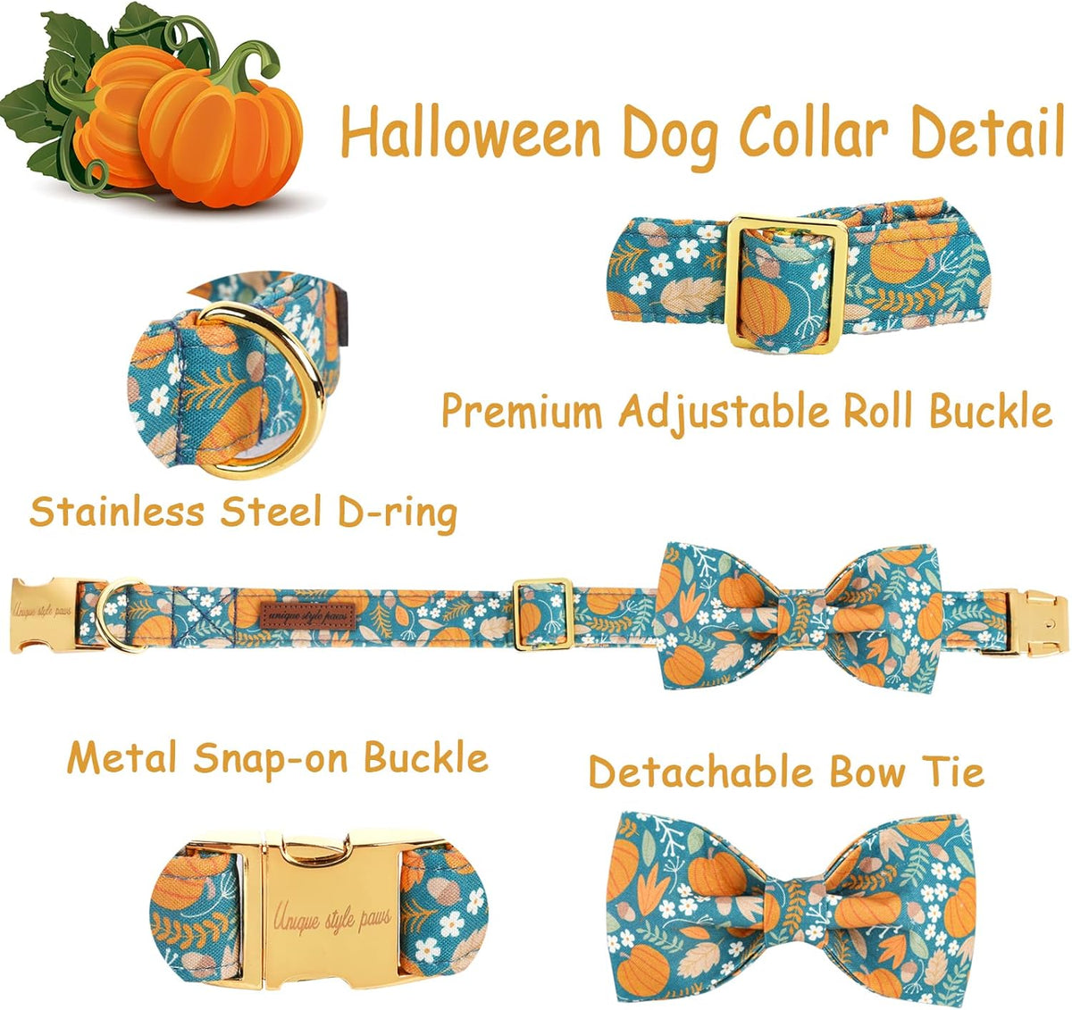 Unique style paws Halloween Dog Collar with Bow Tie Pumpkin Cotton Collar Adjustable Puppy Collar