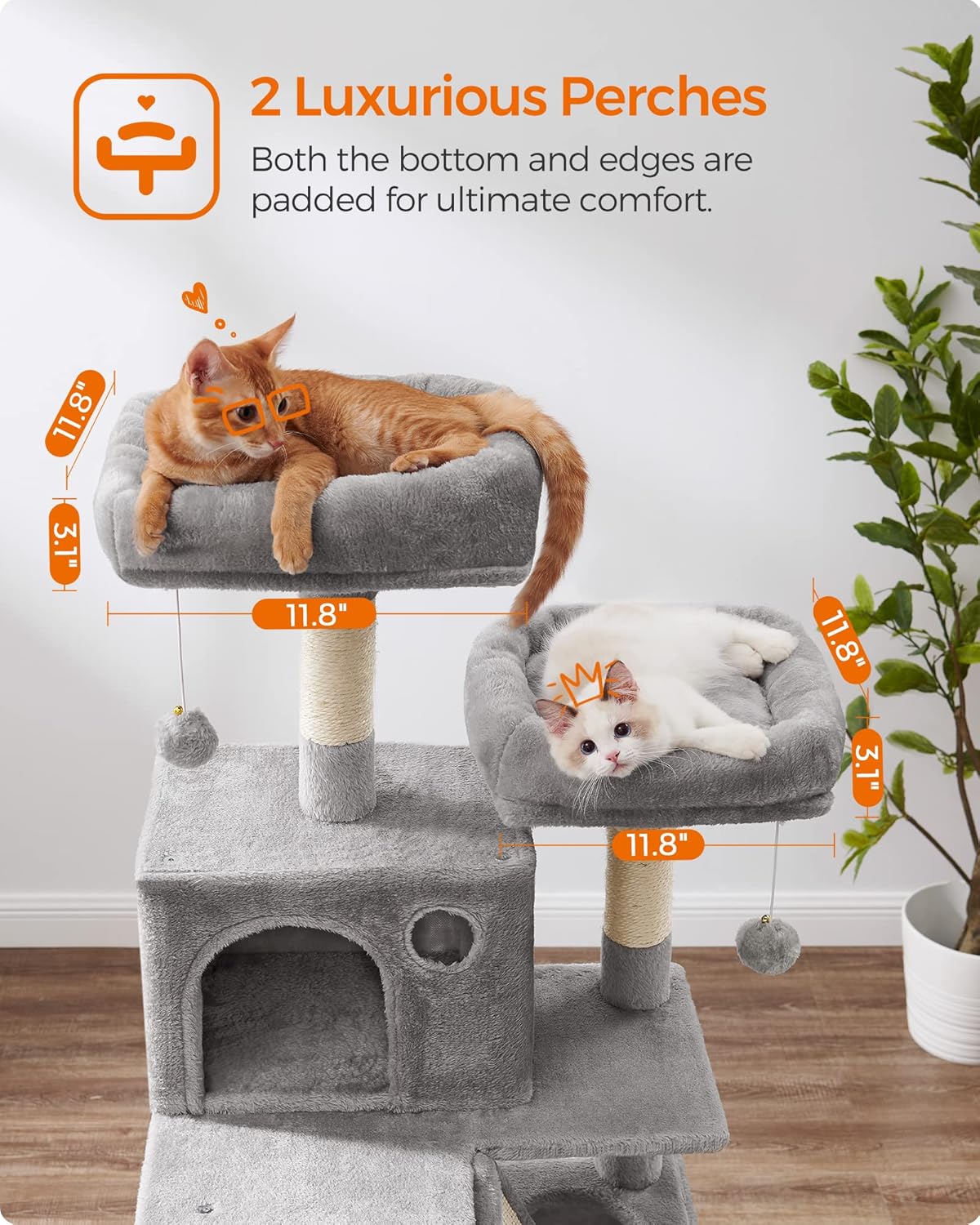 Feandrea Cat Tree, 66.1-Inch Large Cat Tower with 13 Scratching Posts, 2 Perches, 2 Caves, Basket
