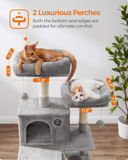 Feandrea Cat Tree, 66.1-Inch Large Cat Tower with 13 Scratching Posts, 2 Perches, 2 Caves, Basket