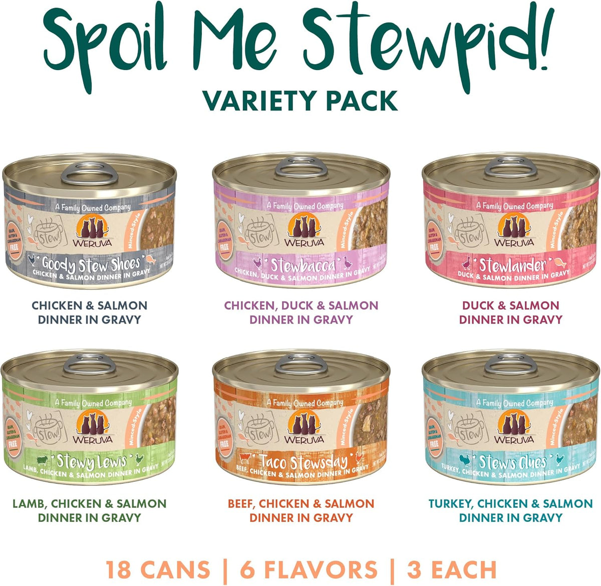 Weruva Classic Stews Cat Food, Spoil Me Stewpid! Variety Pack, 3oz Can (Pack of 18)