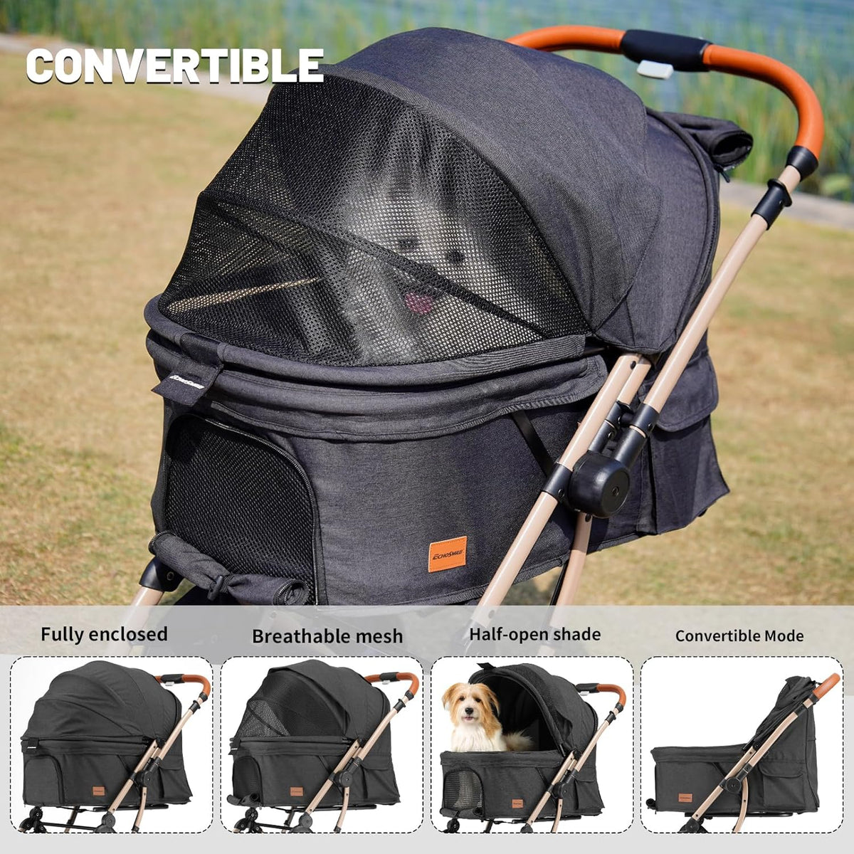 EchoSmile Small Medium Dogs Stroller 4-Wheel Pet Strollers for Medium Dogs Up to 50lbs, One Click